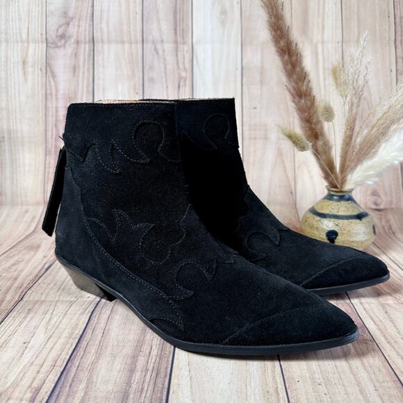 Shoe the Bear Miquita Black Suede Ankle Boots Women 41 Pointed Toe Booties Heels - Picture 1 of 8